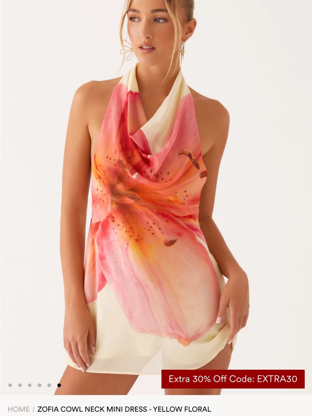 Peppermayo Yellow and Pink Floral Cowl Neck Mini Dress